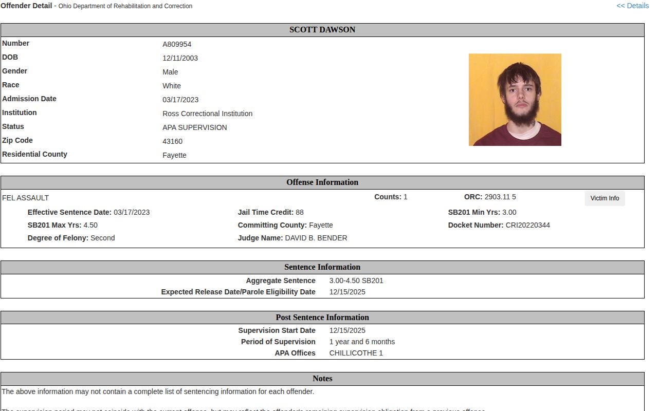 ODRC released offender example with supervision and release fields